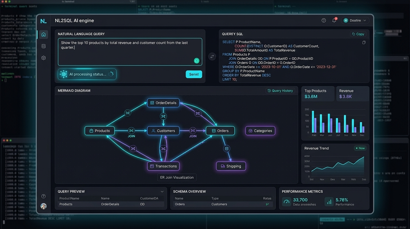 Natural Language to SQL generation engine with automated Mermaid.js entity-relationship mapping and query explanation
