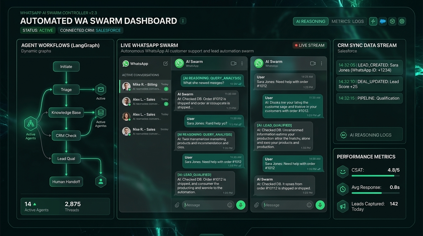 24/7 multi-agent customer support, dynamic CRM sync, and intelligent lead qualification on WhatsApp Cloud API